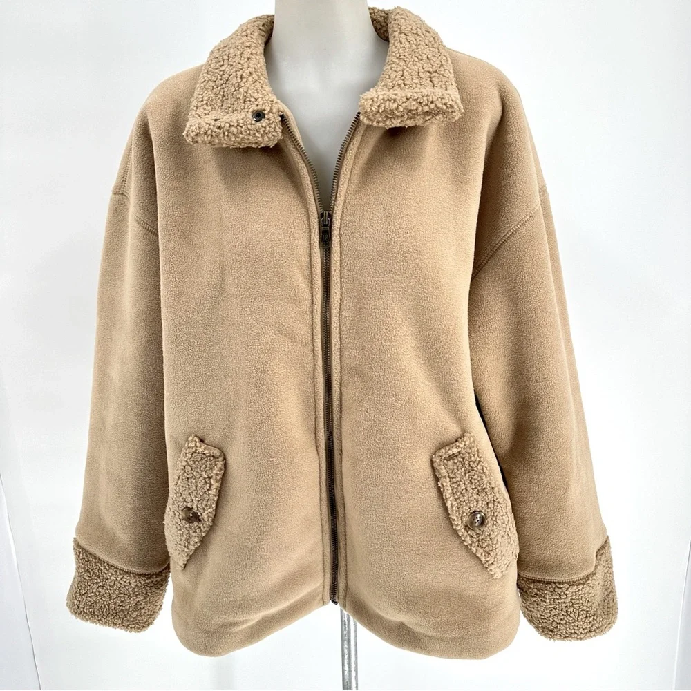 Banana Republic Women's SHERPA BOMBER JACKET Sz L Oversized Snap Pockets… - Picture 3 of 17